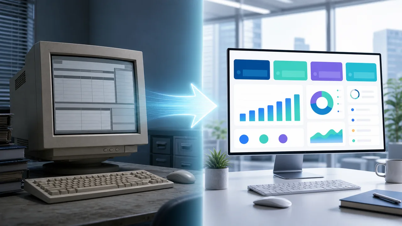 A bulky beige CRT monitor showing a grey Dynamics NAV data grid on a dim desk, with a glowing arrow sweeping right to a modern widescreen Business Central dashboard of colourful KPI tiles, bar and donut charts in a bright office.