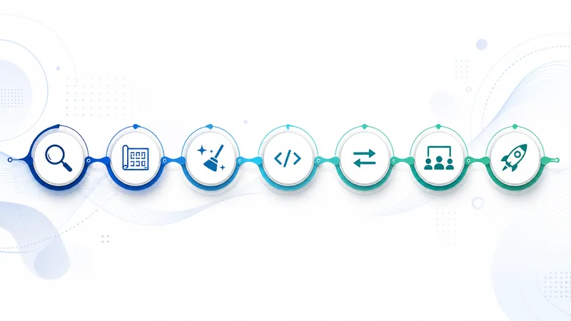 Seven circular icons linked left to right along a blue-to-green gradient path: a magnifying glass, a blueprint, a sparkling broom, a code bracket, two opposing arrows, a group of people around a screen, and a rocket.