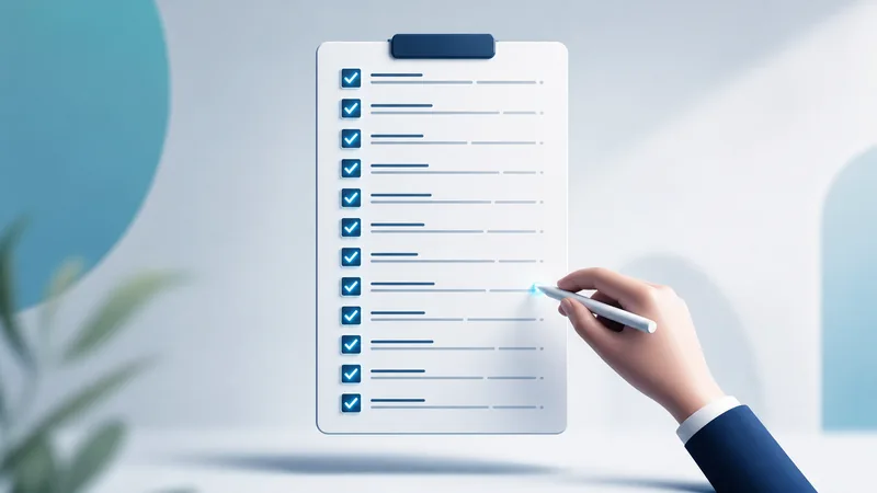 A white clipboard floating against a pale blue background, every row ticked with a blue checkmark, while a hand holding a stylus reaches toward one of the lower rows.