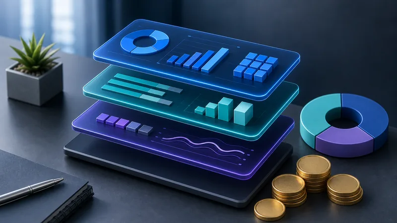 Trois panneaux de tableau de bord translucides et lumineux empilés en lévitation au-dessus d’un bureau sombre — bleu, turquoise et violet — portant chacun des graphiques abstraits, à côté d’un diagramme en anneau à trois segments et de petites piles de pièces d’or.