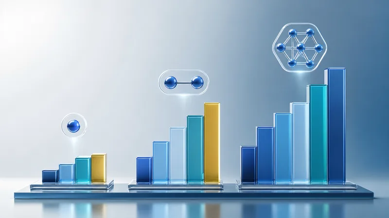 Three groups of translucent glass bars of increasing height on reflective plinths, each topped by a floating icon: a single node, two linked nodes, then a dense cluster of seven, with one gold bar highlighted in the first two groups.