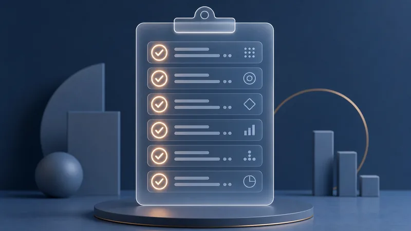A frosted glass clipboard on a dark blue ground, standing on a round podium, showing six rows each marked with a glowing amber checkmark and closed by a small chart icon.
