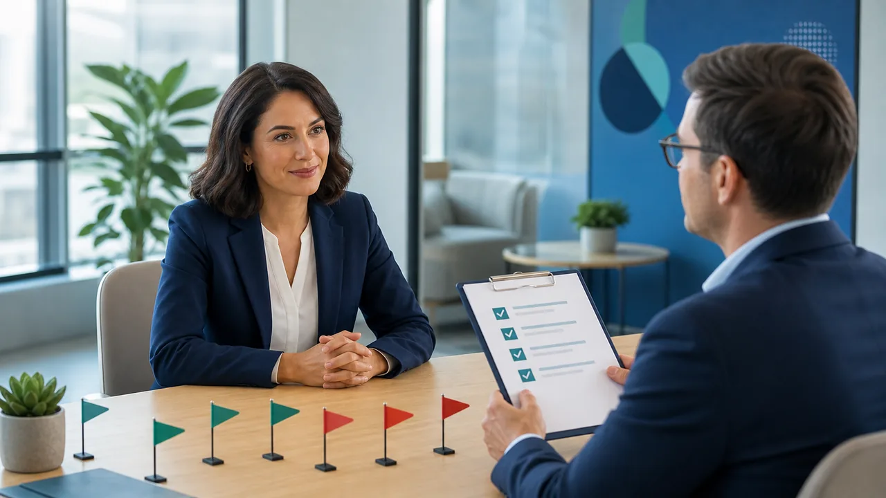 Two people in navy suits facing each other across a light wood table in a bright office, one holding a clipboard with four teal checkmarks, a row of small green and red table flags planted along the tabletop between them.