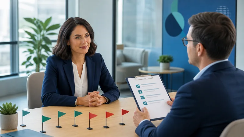Deux personnes en costume bleu marine face à face autour d’une table en bois clair dans un bureau lumineux, l’une tenant un porte-bloc coché de quatre marques turquoise, et une rangée de petits drapeaux verts et rouges plantés sur le plateau entre elles.