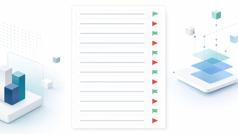 A tall white checklist card on a pale background holding twelve blank rows, each row ending in a small pennant that alternates green then red, with a faint bar chart to the left and stacked translucent layers to the right.
