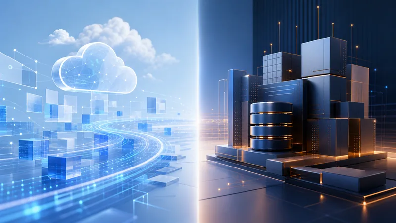 Une composition scindée : à gauche, un nuage filaire lumineux au-dessus de cubes de données bleu pâle filant le long de traînées de lumière ; à droite, une pile sombre de blocs serveurs métalliques et une base de données cylindrique cerclée de lumière ambrée.