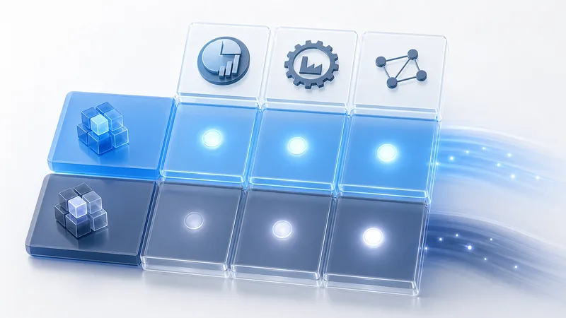 Two rows of glass tiles laid side by side, one row tinted blue and one charcoal grey, each cell holding a glowing dot of differing brightness. A top row of clear tiles carries three dark icons: a pie and bar chart, a cog with a factory, and a linked node graph.
