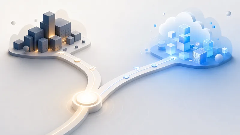 A glowing white junction on a pale floor from which two raised roads branch: one curving left to an island of dark grey blocks lit amber, the other running right to a blue island of translucent cubes under a soft cloud.