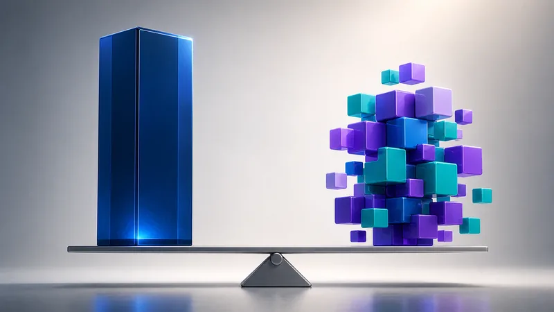 Une balançoire métallique parfaitement à l’équilibre sur un sol de studio gris : à gauche un unique monolithe bleu brillant et élancé, à droite une grappe de petits cubes violets et cyan empilés en suspension.