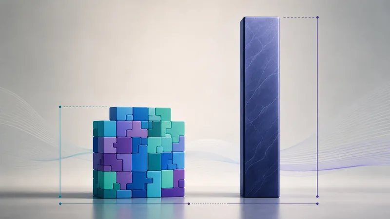 Two shapes side by side on a pale background with thin measurement brackets: on the left a wide, low block assembled from interlocking blue, teal and violet puzzle pieces, on the right a single tall narrow slab of dark blue stone.