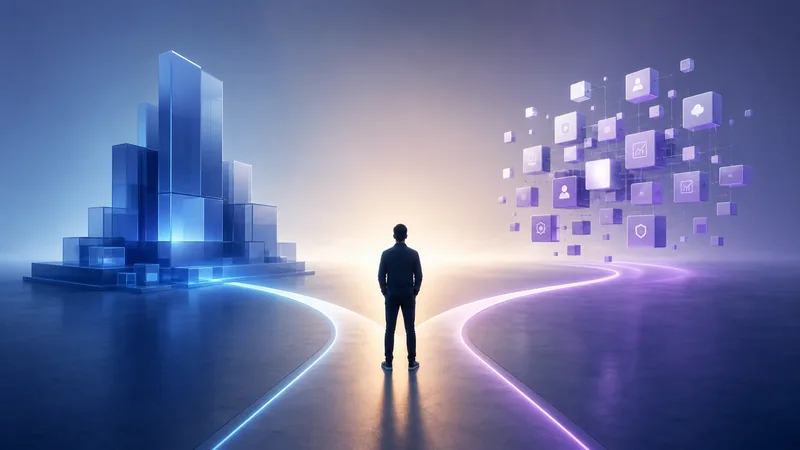 A lone figure seen from behind, standing where a lit path splits in two: the blue branch leads to a solid stepped structure of glass blocks, the violet branch to a loose constellation of floating app tiles.