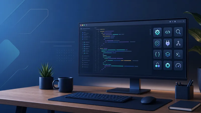 Un écran large posé sur un bureau en bois dans un bureau bleu nuit, affichant un éditeur de code aux couleurs de syntaxe AL à gauche et une grille de douze icônes d’outils turquoise à droite, à côté d’une petite plante, d’un mug sombre et d’un clavier.