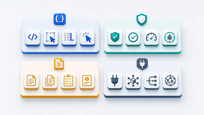 Four pale trays of raised icon tiles on a white background: a blue tray with code brackets and cursors, a green tray with shields, a checkmark, a gauge and a bug, an orange tray with documents and an invoice, and a slate tray with a plug and network diagrams.