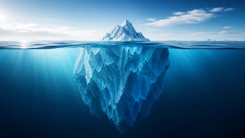 Un iceberg isolé dans une mer bleue et calme : un petit sommet enneigé au-dessus de la ligne d’eau, et une masse bleu pâle immense qui s’étend loin sous la surface, traversée par des rayons de soleil.