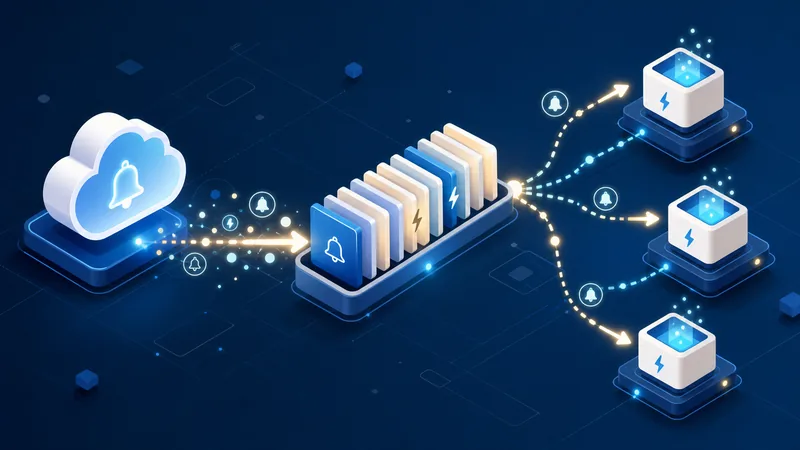 Isometric scene on a dark navy background: a white cloud marked with a bell sends a glowing arrow into a rack of stacked cards, from which dotted arrows with small bell icons fan out to three white cubes lit with lightning bolts.
