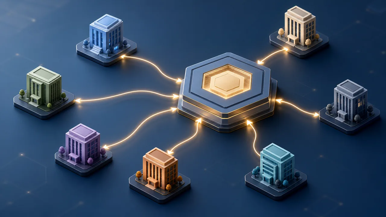 An isometric scene on deep navy: a glowing golden hexagonal hub at the centre, linked by curved lines of light to seven office buildings on dark platforms, each a different colour — blue, beige, green, grey, purple, orange and teal.
