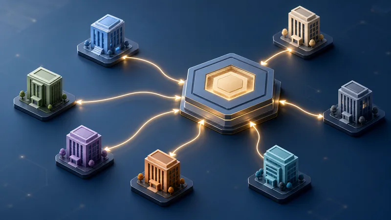 Une scène isométrique sur fond bleu nuit : un hub hexagonal doré et lumineux au centre, relié par des traits de lumière courbes à sept immeubles de bureaux posés sur des socles sombres, chacun d’une couleur différente — bleu, beige, vert, gris, violet, orange et turquoise.