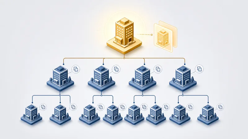 An isometric org chart on a pale background: a single golden office tower at the top, with a faint duplicate of itself on a card beside it, branching down to four blue buildings and then eight more, each blue building tagged with a small dashed copy icon.