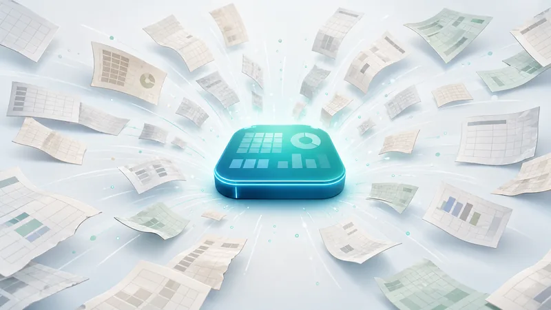 Around thirty curling paper spreadsheets, some with grey cells and some with green ones, scattered across a pale blue field and swirling around a small glowing teal tablet in the centre that displays a grid, a donut chart and bars.