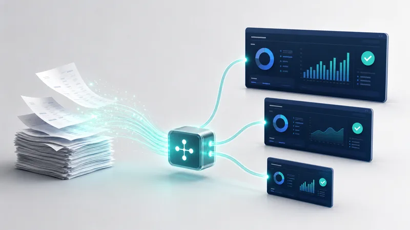 Une pile de factures papier qui se dissout en flux de lumière turquoise, routés par un petit nœud lumineux central vers trois panneaux de tableau de bord bleu nuit de tailles différentes, chacun avec ses graphiques turquoise et bleus et une coche de validation.