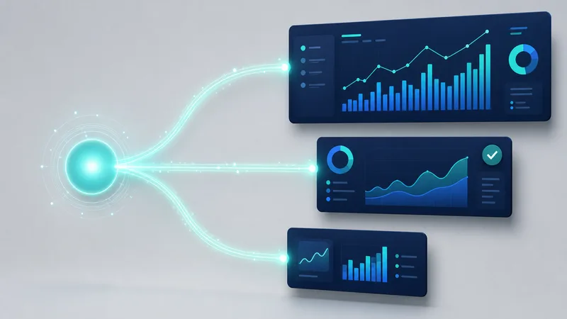 Un nœud central turquoise lumineux se divisant en trois faisceaux distincts, chacun relié à un panneau de tableau de bord bleu nuit de taille différente, illustrant un seul connecteur au service de plusieurs connexions de plateforme indépendantes.