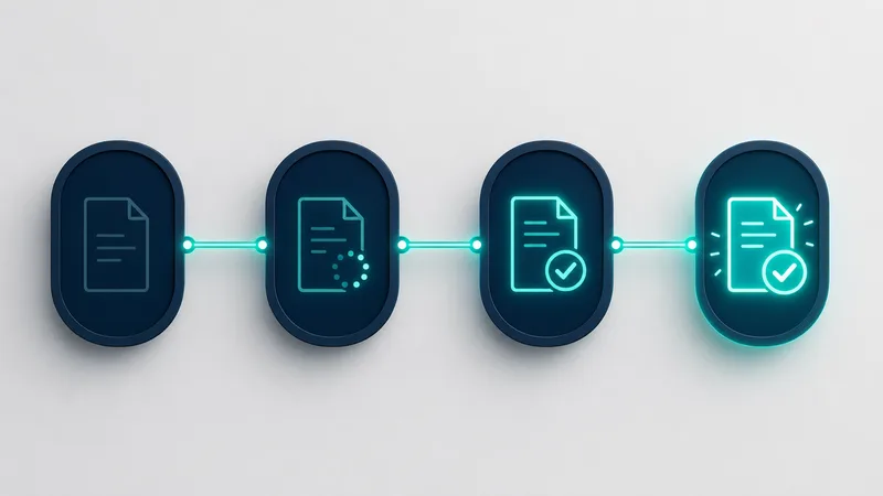 Quatre icônes de document arrondies alignées et reliées par une ligne turquoise lumineuse, s'illuminant progressivement de la plus terne à la plus lumineuse avec une coche finale, illustrant un document qui traverse quatre statuts successifs.
