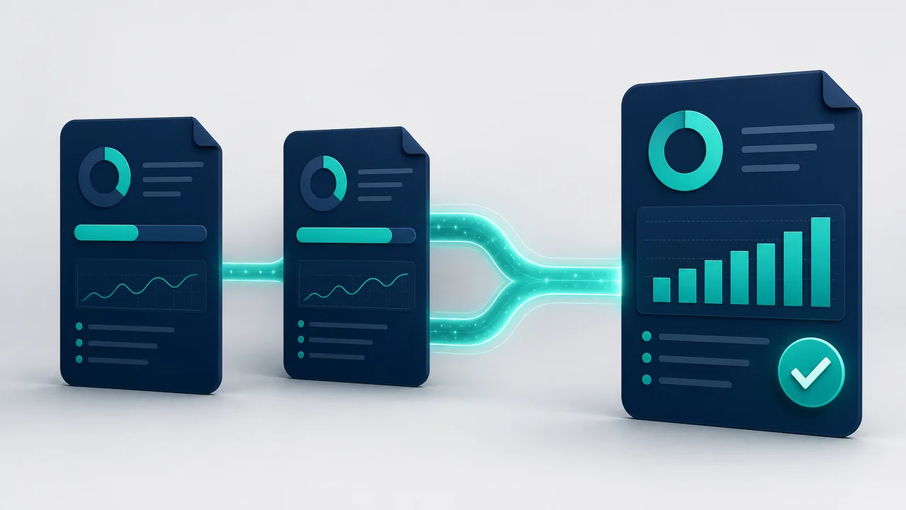 Deux petits panneaux de documents bleu nuit avec des barres de progression partielles qui fusionnent via un faisceau turquoise lumineux en un seul panneau de tableau de bord plus grand avec un graphique complet et une coche, illustrant un acompte et une facture définitive qui se rapprochent en une seule comptabilisation.