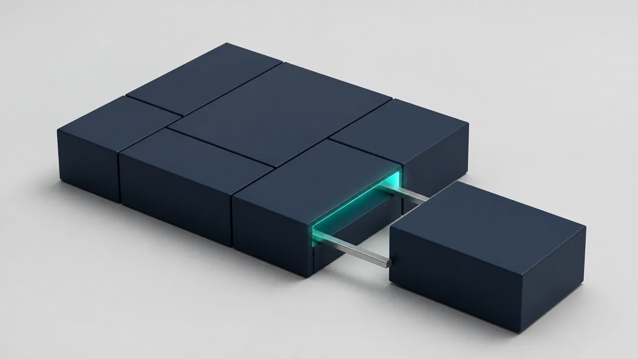 Un ensemble de modules rectangulaires bleu nuit sur fond de studio gris clair ; un module glisse dans son logement le long de deux fins rails, avec un liseré turquoise à la jonction — un emboîtement propre, rien de forcé.