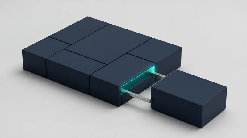 Un ensemble de modules rectangulaires bleu nuit sur fond de studio gris clair ; un module glisse dans son logement le long de deux fins rails, avec un liseré turquoise à la jonction — un emboîtement propre, rien de forcé.