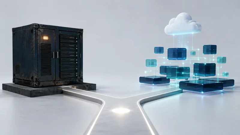 A glowing white junction on a pale grey studio floor from which two raised paths branch: one to a heavy dark-navy server cabinet with a single amber light, the other to a lighter cluster of translucent navy and teal blocks floating under a soft cloud.