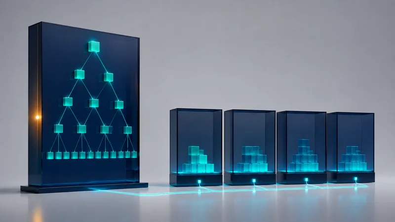 On a pale grey studio floor, a single tall dark-navy glass slab holding one glowing teal tree hierarchy with a small amber light on its edge, next to a row of four separate navy glass boxes each holding a cluster of teal cubes, joined by thin luminous lines along the floor.