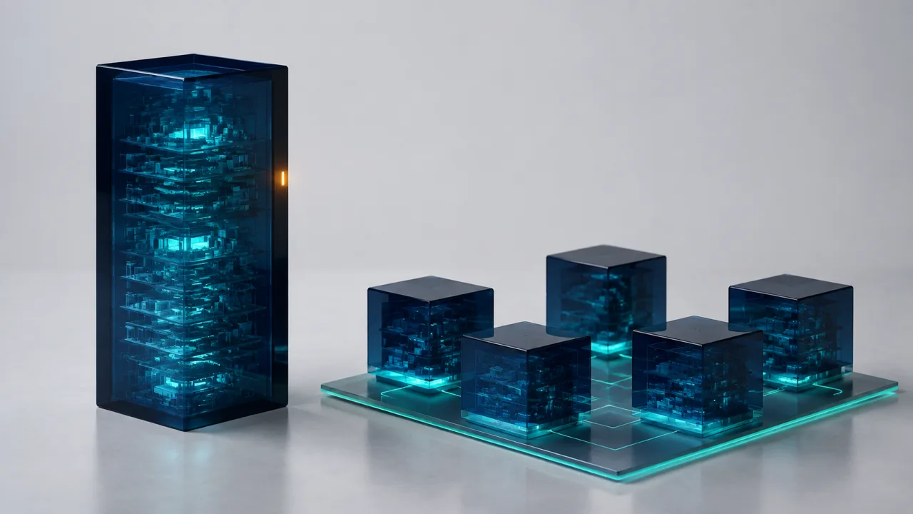 On a pale grey studio floor, one tall monolithic slab of dark navy glass whose interior is divided into many stacked teal-lit strata and chambers, with a small amber light on its edge, facing a group of five separate smaller navy glass cubes standing on one thin glowing teal base plate and joined by thin luminous lines.