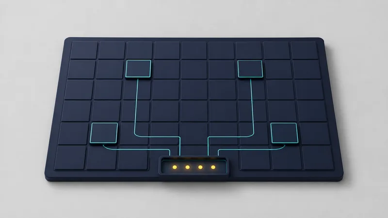 Un panneau de contrôle bleu nuit fait de petites tuiles plates sur fond de studio gris clair ; quatre tuiles sont soulevées et cerclées de turquoise, reliées par de fins traits à un petit plateau qui aligne quatre points ambre — des erreurs rassemblées, pas éparpillées.