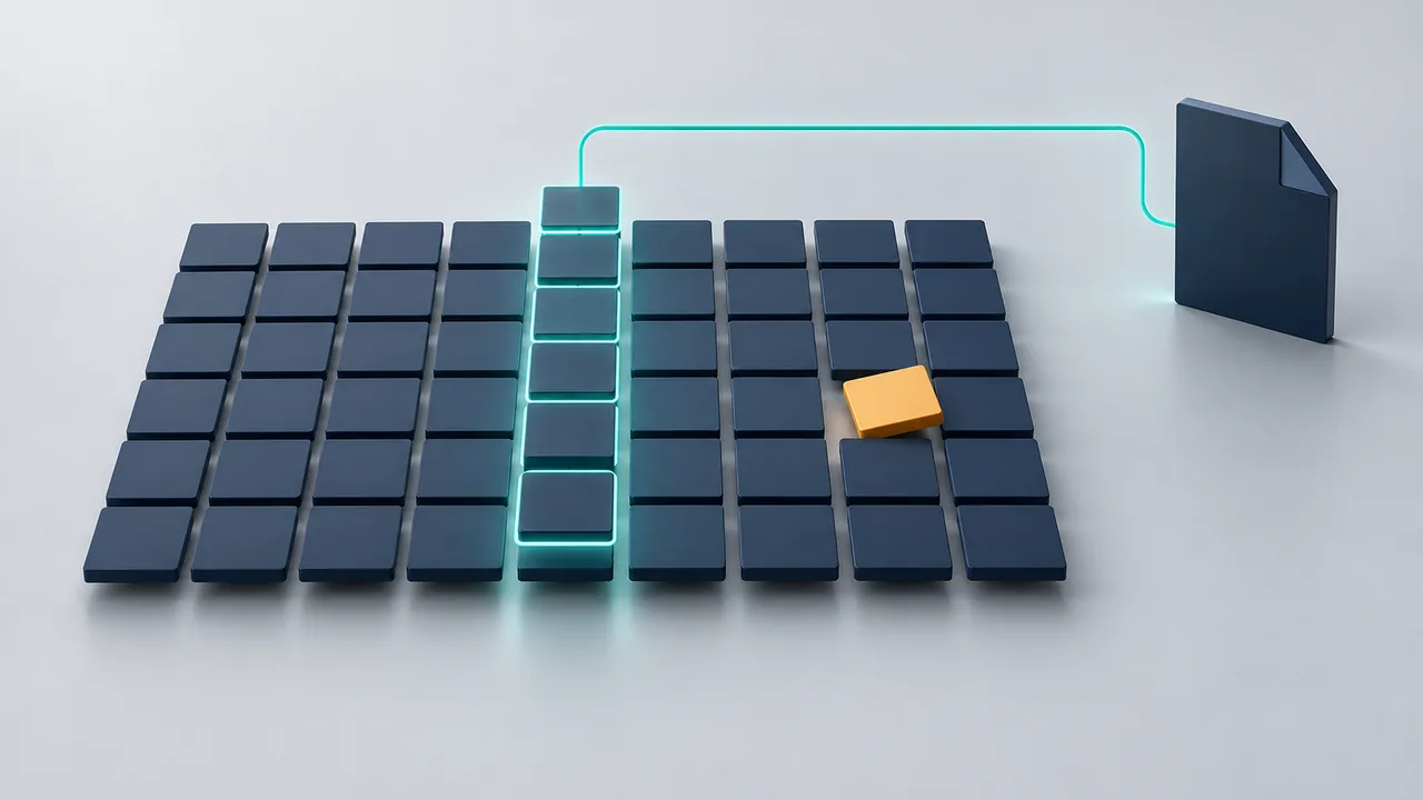 Sur un fond de studio gris clair, une grille de tableur bleu nuit ; une colonne de cellules est légèrement soulevée hors de la grille et cerclée de turquoise, reliée par un fil turquoise à une petite fiche bleu nuit en forme de page, et une cellule ambre rompt l'alignement.