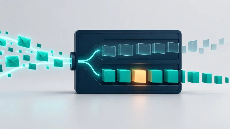 Des enveloppes de messages turquoise lumineuses entrent dans un panneau bleu nuit posé sur un sol de studio gris clair et s'y séparent en deux voies : en haut, des blocs translucides pour la demande prévisionnelle, en bas, des blocs turquoise pleins pour les commandes fermes, dont un s'allume en ambre.