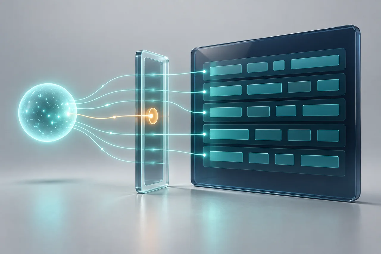 A glowing teal sphere sends thin light threads across a pale grey studio floor, through a clear glass gate, into the rows of a dark navy data panel; one amber thread is held at the gate.