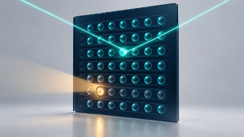 Un panneau de verre bleu nuit couvert de cellules turquoise lumineuses sur un sol de studio gris clair ; deux faisceaux turquoise se croisent sur la même cellule depuis deux angles, et une rangée plus terne est éclairée par un seul projecteur ambre.
