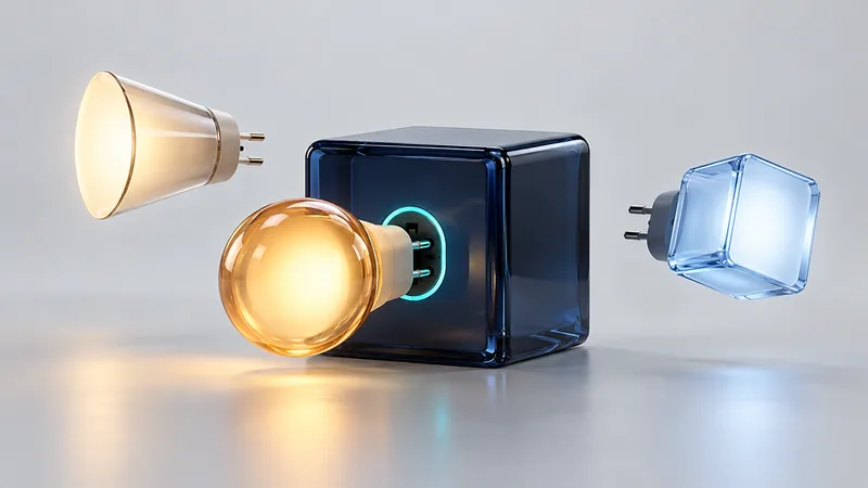 Un cube de verre bleu nuit doté d'une seule prise turquoise lumineuse sur un sol de studio gris clair ; un module lumineux ambre y est branché, tandis que deux autres modules de formes différentes attendent à côté.