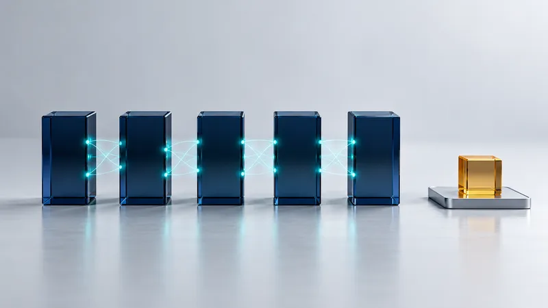 Cinq blocs de verre bleu nuit alignés sur un sol de studio gris clair, reliés deux à deux par de fins traits de lumière turquoise, et un cube ambre posé à l'écart sur un plateau séparé.