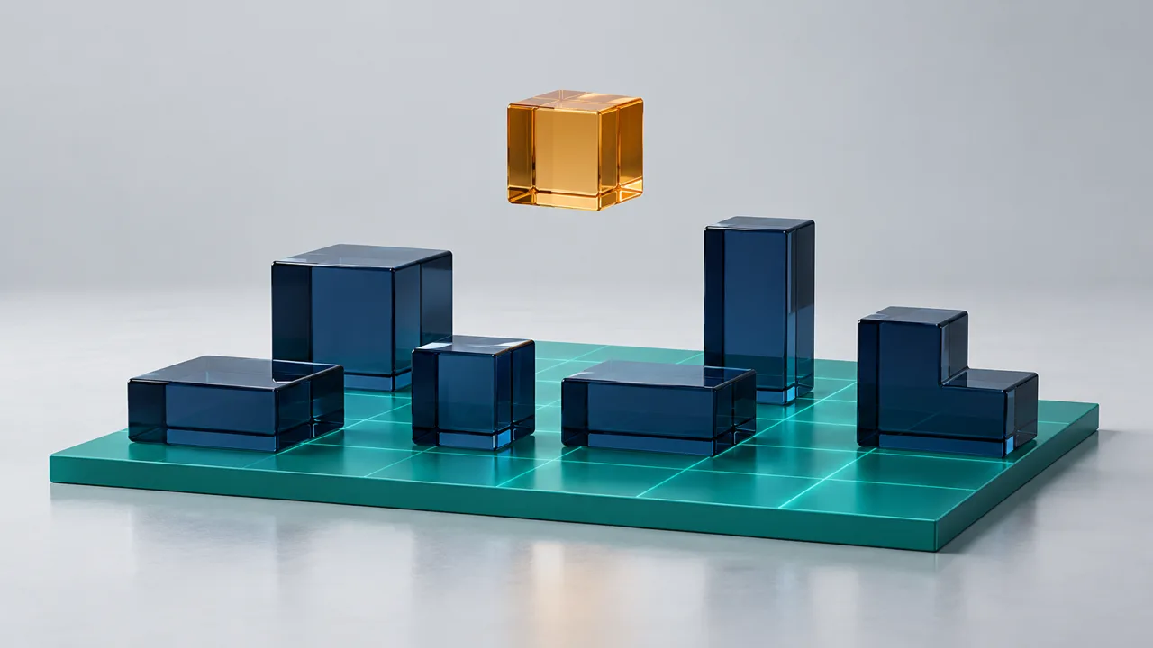 Des blocs de verre bleu nuit de formes différentes posés sur une même plaque quadrillée turquoise, sur un sol de studio gris clair, avec un cube ambre suspendu au-dessus, pas encore posé.