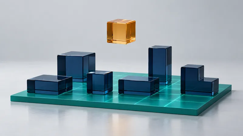 Des blocs de verre bleu nuit de formes différentes posés sur une même plaque quadrillée turquoise, sur un sol de studio gris clair, avec un cube ambre suspendu au-dessus, pas encore posé.