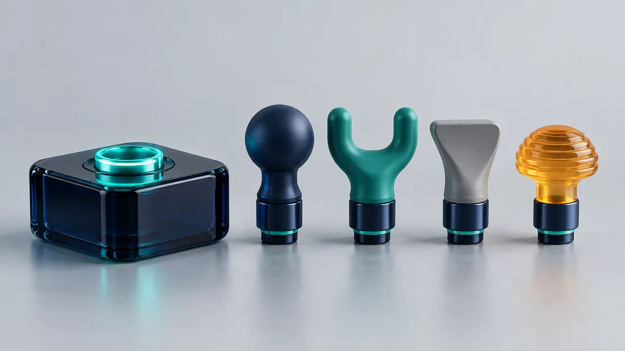 Un socle de verre bleu nuit doté d'une prise turquoise lumineuse sur un sol de studio gris clair, à côté d'une rangée de quatre embouts interchangeables de formes différentes, bleu nuit, turquoise, gris et ambre, tous faits pour la même prise.