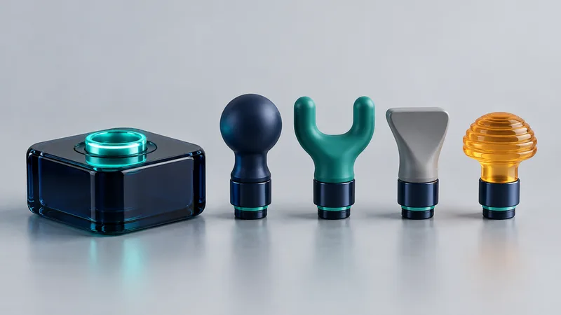 Un socle de verre bleu nuit doté d'une prise turquoise lumineuse sur un sol de studio gris clair, à côté d'une rangée de quatre embouts interchangeables de formes différentes, bleu nuit, turquoise, gris et ambre, tous faits pour la même prise.